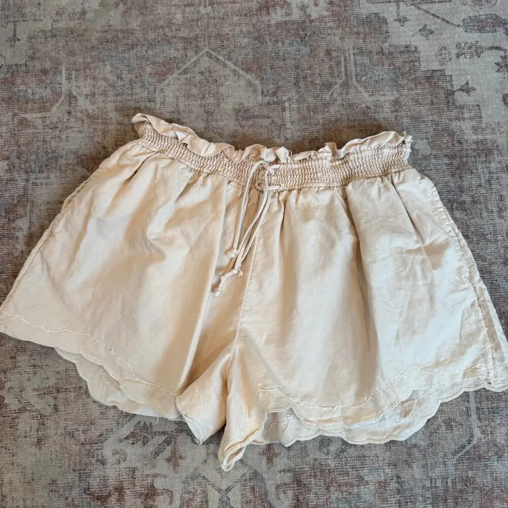 Anthropologie Linen Double Waistband Scalloped Shorts Beige, Summer, Cottagecore